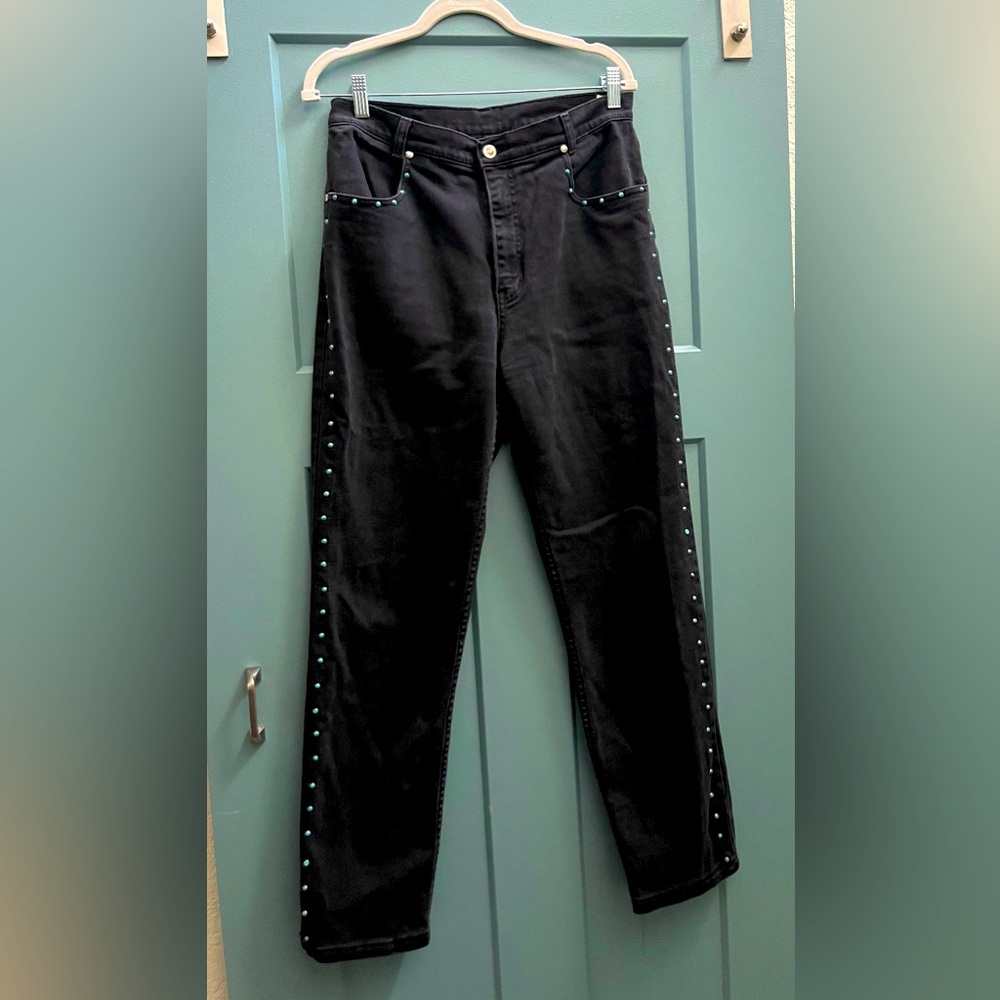 M089 / 1980s Vtg LAWMAN World Class Denim Jeans / turquoise studded / Size 13